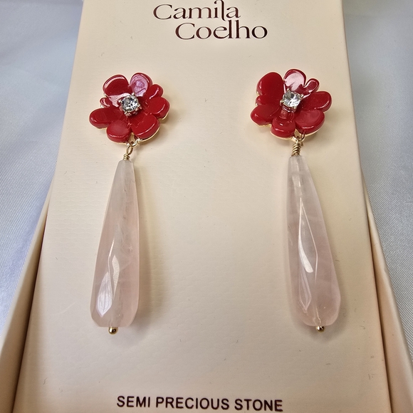 Red Floral Drop Earrings Women Jewelry - Picture 3 of 3